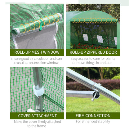 Outsunny Walk-In Polytunnel Greenhouse, Outdoor Garden Greenhouse with PE Cover, Zippered Roll Up Door and 6 Windows, 4 x 3 x 2 m, Green