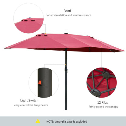 Outsunny 4.4m Double-Sided Sun Umbrella Garden Parasol Patio Sun Shade Outdoor with LED Solar Light, NO BASE INCLUDED, Wine Red