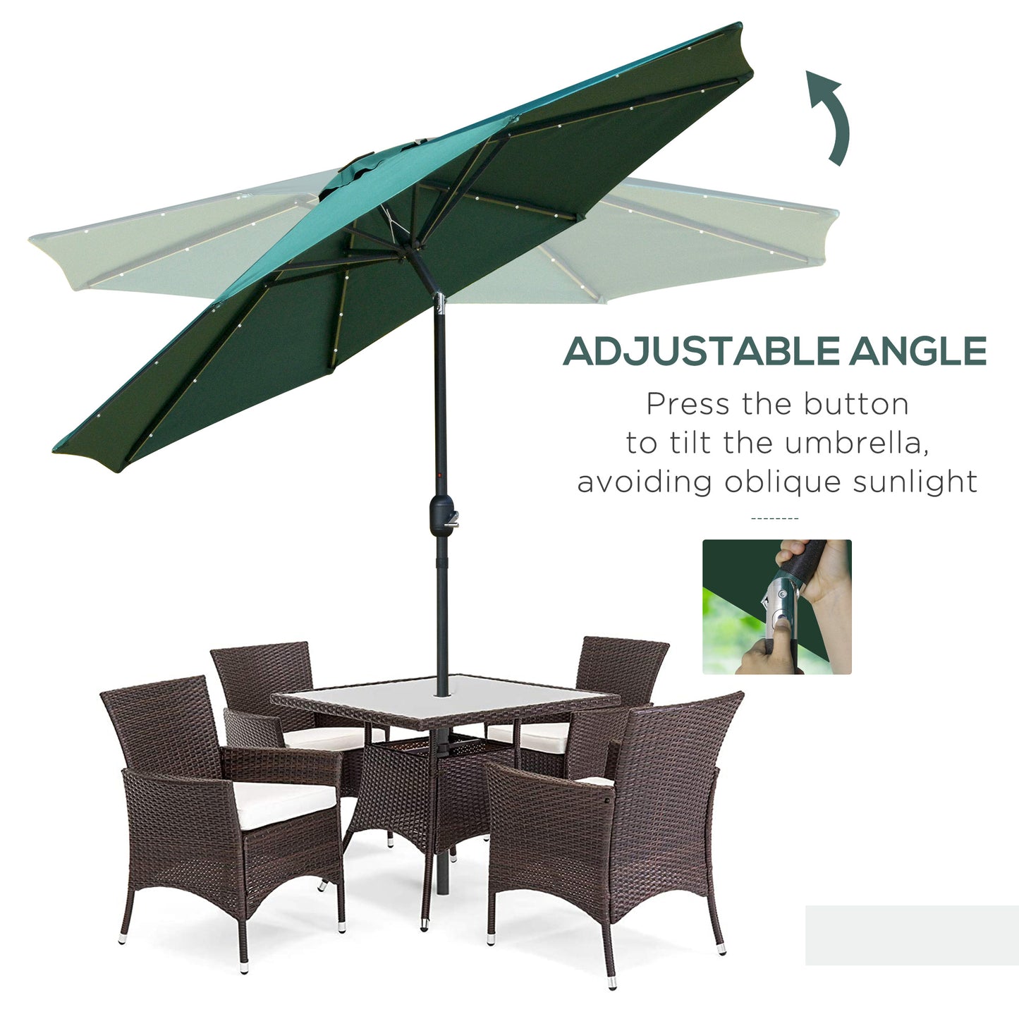 Outsunny LED Patio Parasol: 2.7m Tilting Umbrella with Crank & 8 Ribs, Green