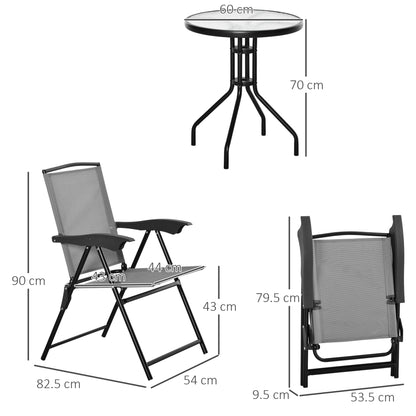 Outsunny 3 Piece Patio Furniture Bistro Set 2 Folding Chairs 1 Tempered Glass Table  Adjustable Backrest - Grey