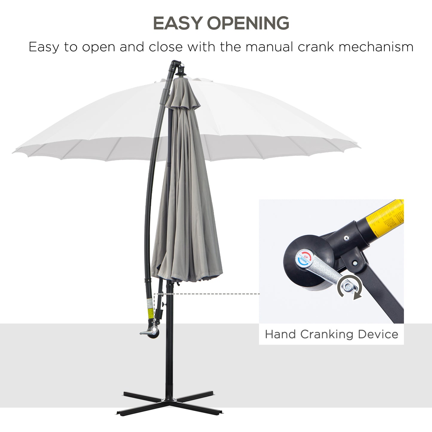 Outsunny 3(m) Cantilever Garden Hanging Banana Sun Umbrella with Crank Handle, 18 Sturdy Ribs and Cross Base, Grey