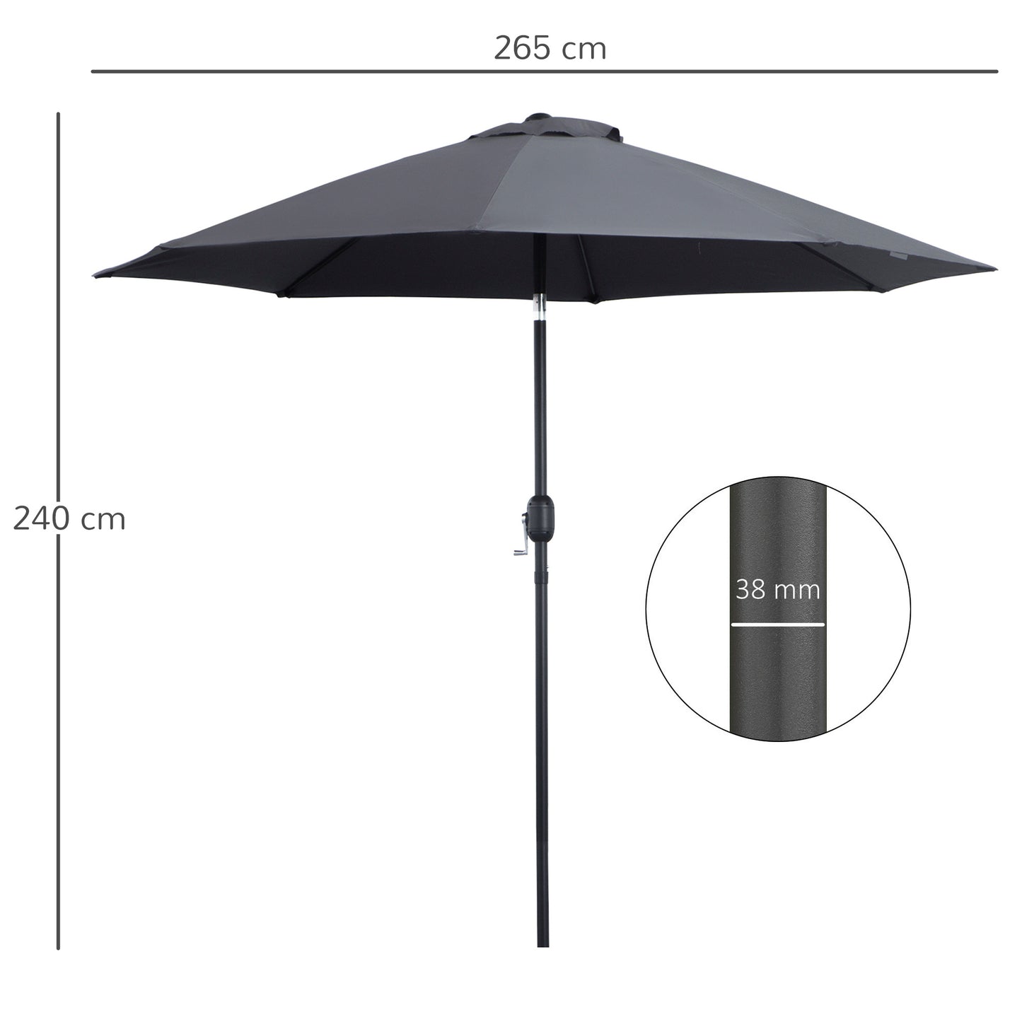 Outsunny Garden Parasol, 2.7M Patio Sun Umbrella, Tilt Shade Shelter Canopy with Aluminium Frame, Charcoal Grey