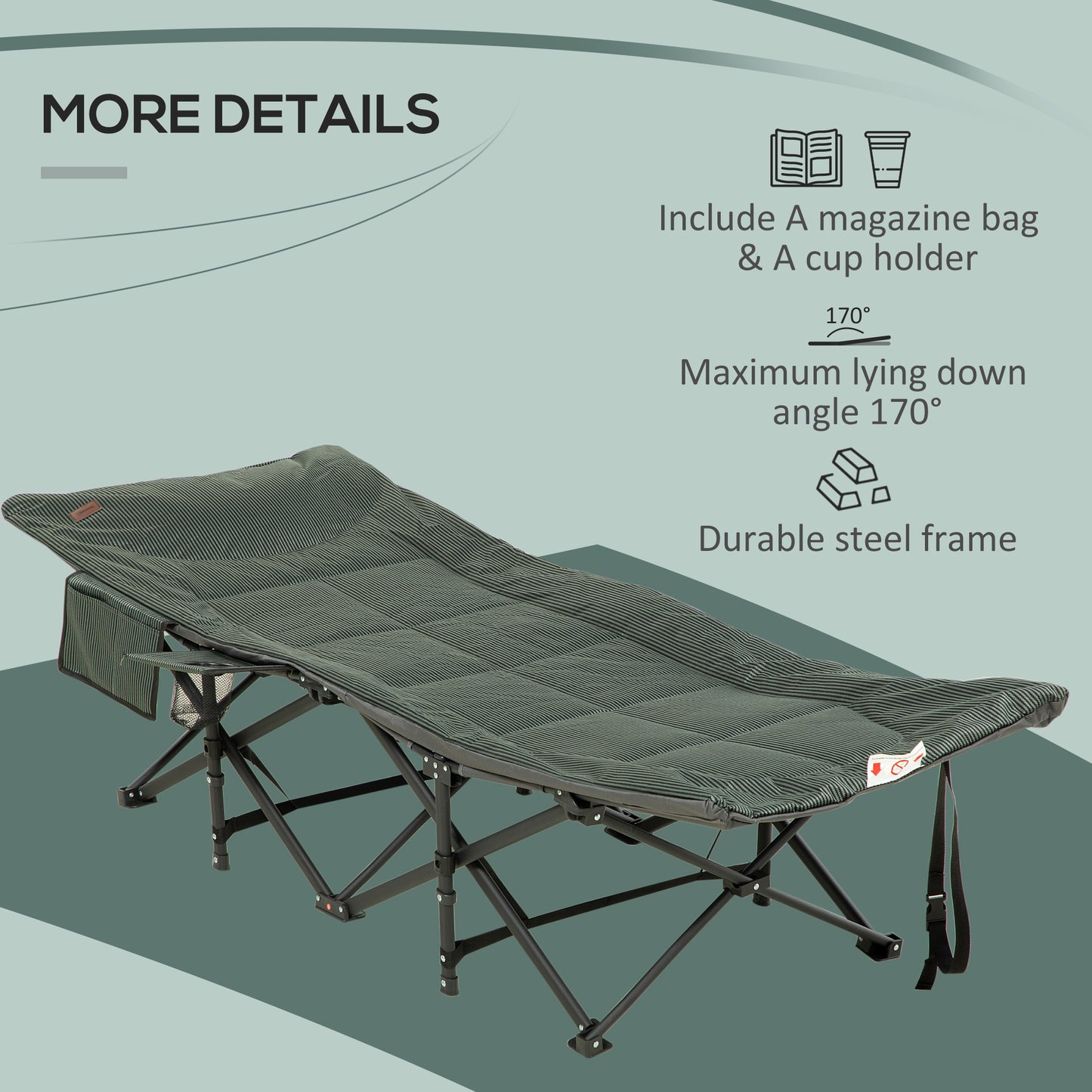 Outsunny Sun Lounger Foldable, Padded Patio Camping Bed with Adjustable 170 Recline & Accessories, Grey