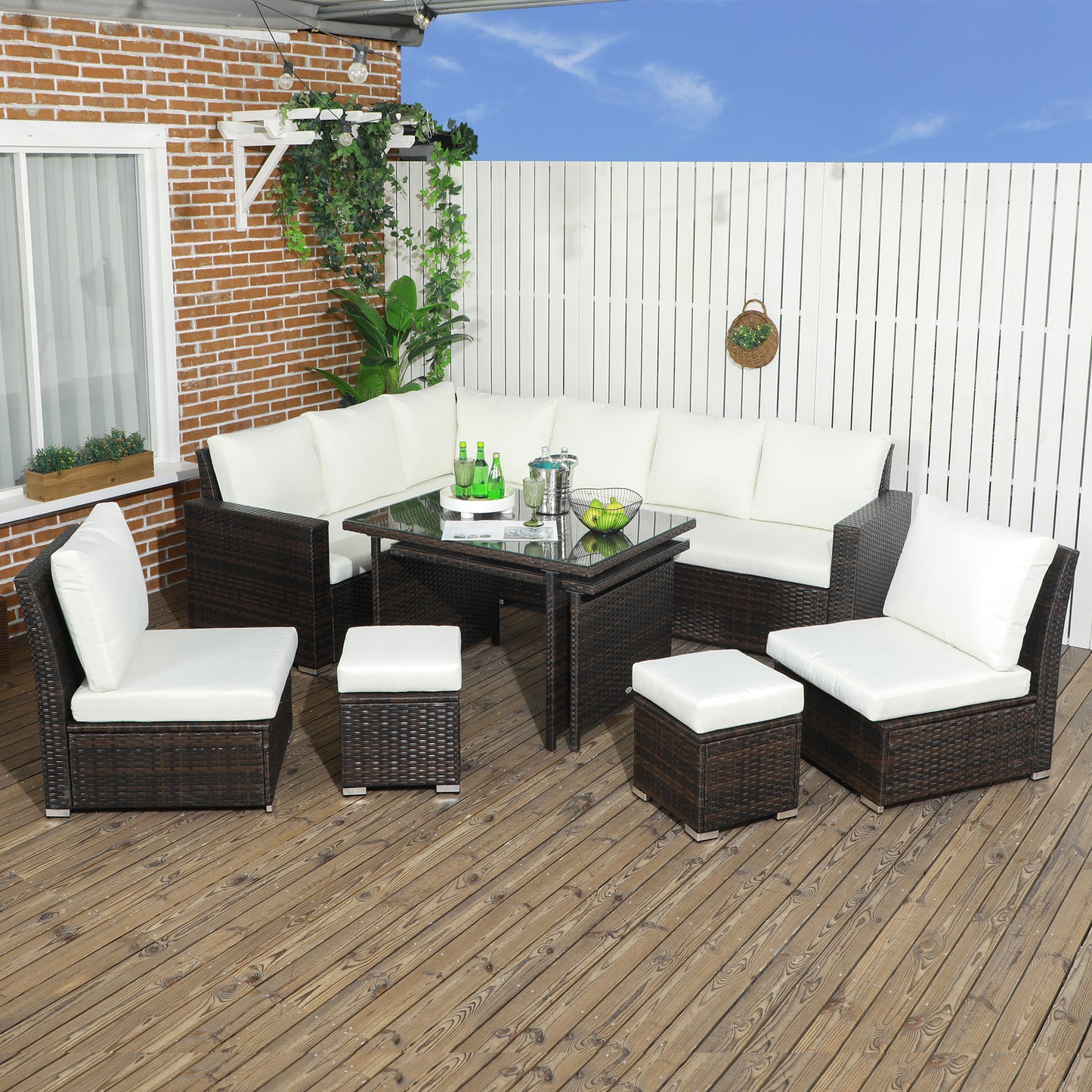 Outsunny 7 Piece Rattan Garden Furniture Set with Cushioned Sofa Seat, Footstools and Expandable Glass Table, 10-Seater, Cream