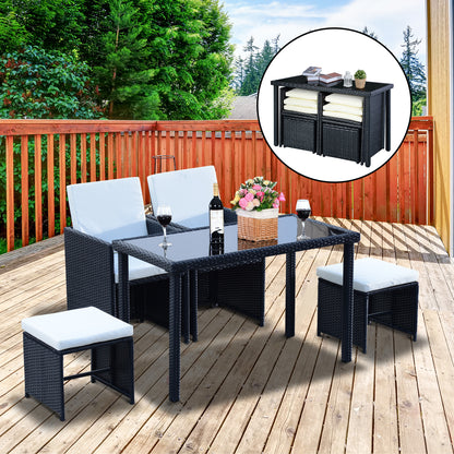 Outsunny 4-Seater Rattan Garden Furniture Space-saving Wicker Weave Sofa Set Conservatory Dining Table Table Chair Footrest Cushioned Black