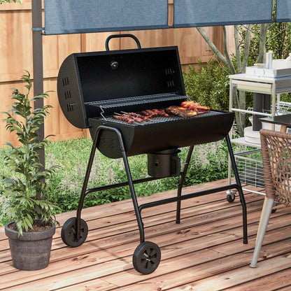 Outsunny Outdoor Wheeled Barrel Charcoal Barbecue Grill Trolley, Black