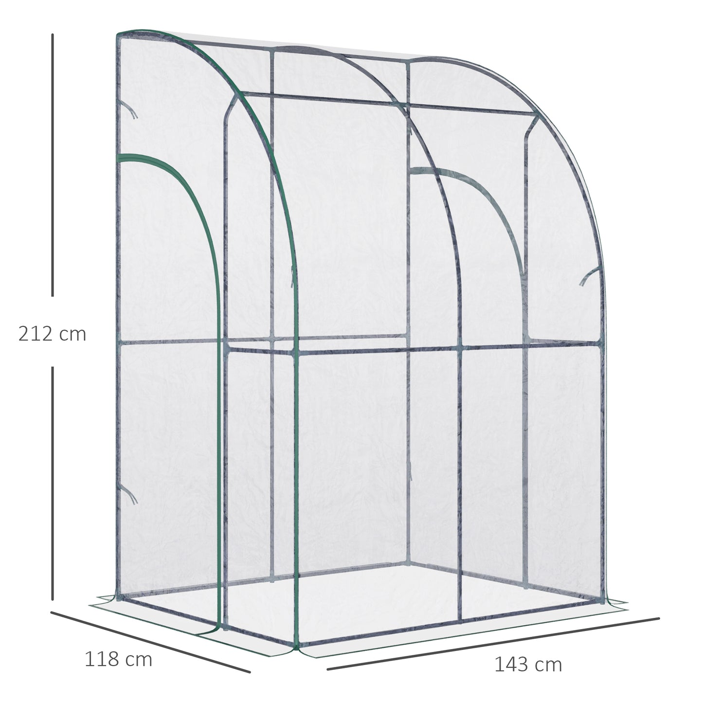 Outsunny Walk-In Greenhouse Lean to Wall Tunnel Greenhouse with Zippered Roll Up Door PVC Cover Sloping Top, 143 x 118 x 212 cm