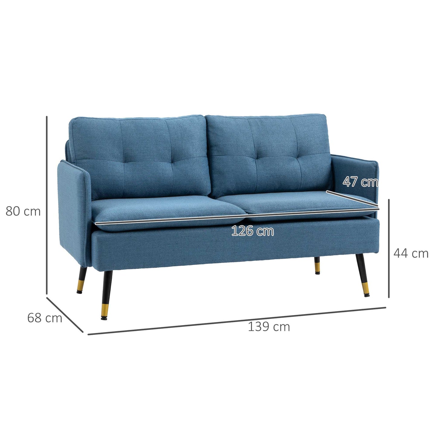 HOMCOM 2 Seater Sofas for Living Room, Fabric Couch, Button Tufted Love Seat with Cushions, Dark Blue