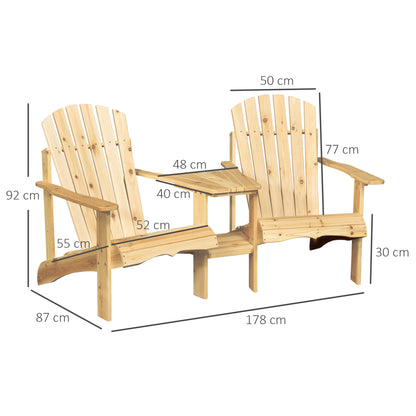 Outsunny Wooden Double Adirondack Chairs Loveseat with Centre Table & Umbrella Hole, Outdoor Garden Patio Furniture for Relaxation, Natural