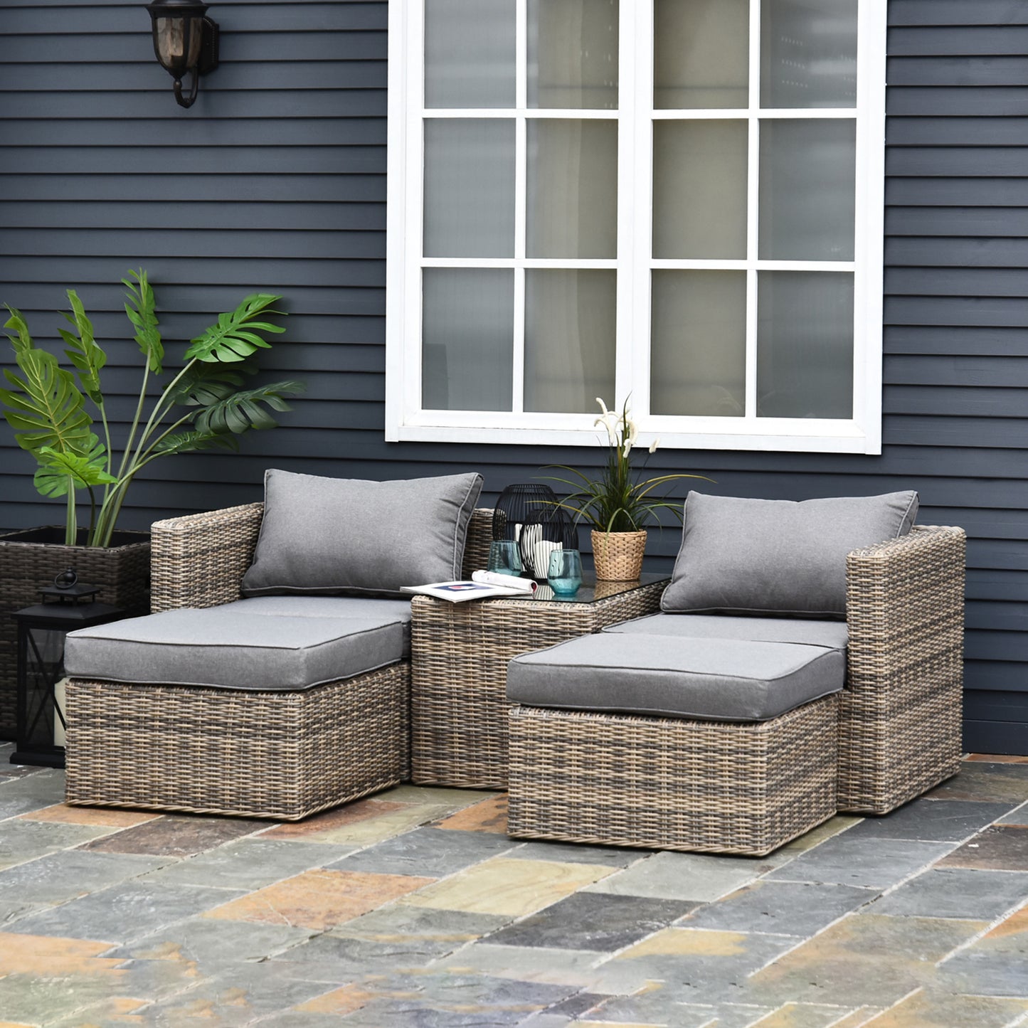 Outsunny 2 Seater Rattan Garden Furniture Set w/ Tall Glass-Top Table Aluminium Frame Plastic Wicker Thick Soft Cushions Outdoor Balcony Sofa, Grey