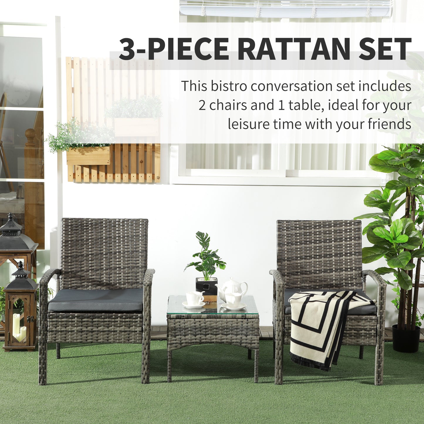 Outsunny 3 Pieces Outdoor Rattan Bistro Set, Patio Wicker Balcony Furniture, Conservatory Sets w/ Coffee Table and Cushioned Chair, Mixed Grey