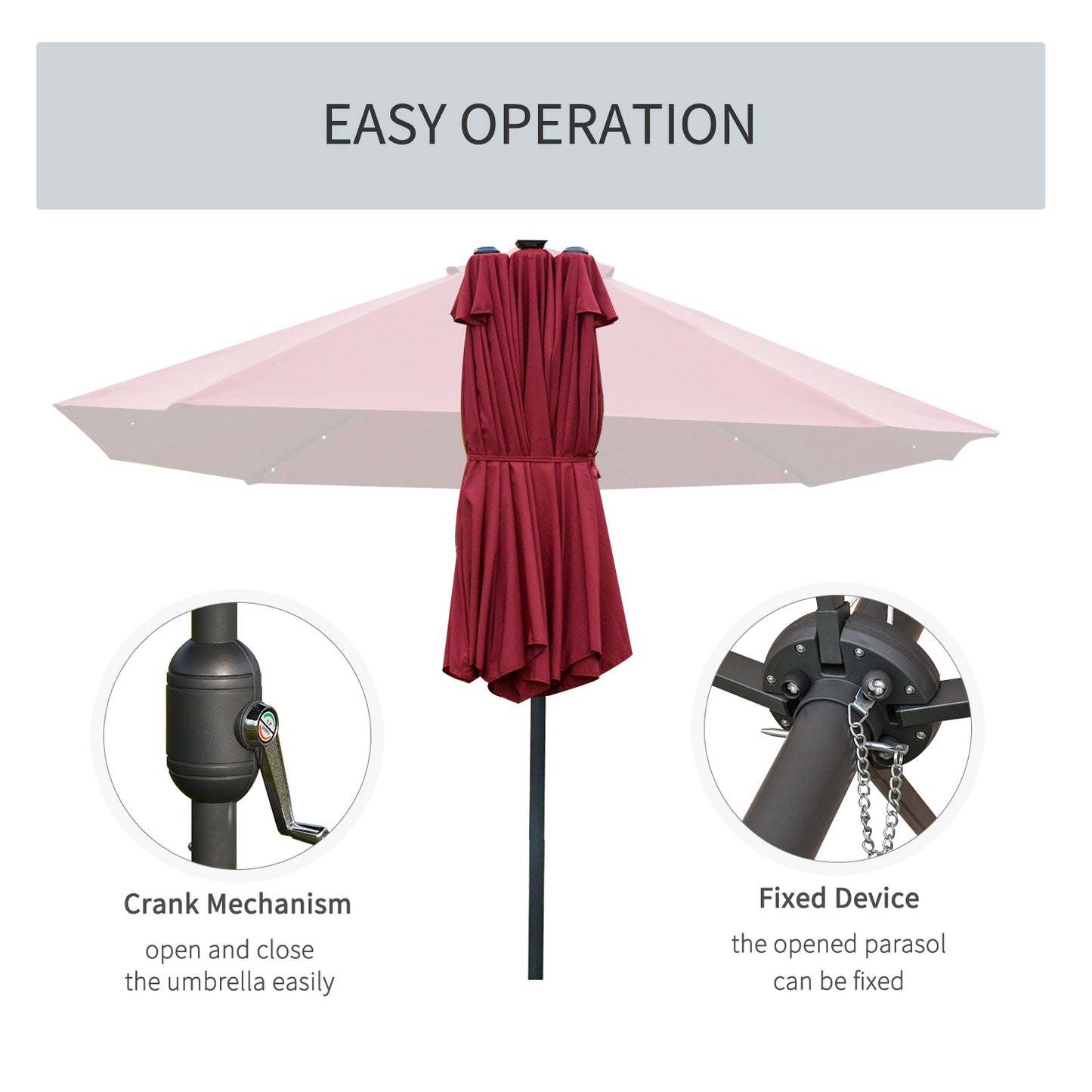 Outsunny 4.4m Double-Sided Sun Umbrella Garden Parasol Patio Sun Shade Outdoor with LED Solar Light, NO BASE INCLUDED, Wine Red