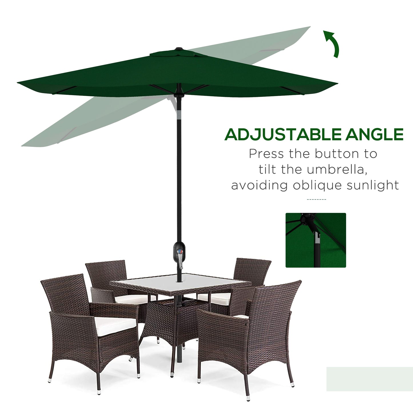 Outsunny Rectangular Market Umbrella, 2 x 3m Patio Outdoor Table Umbrella with Crank & Push Button Tilt, Green