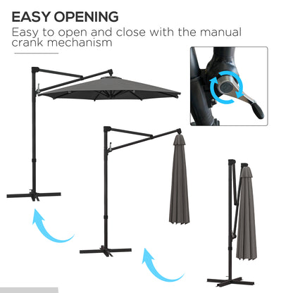 Outsunny 3 m Cantilever Banana Parasol with Cross Base, 360° Rotation Patio Umbrella with Crank Handle, Tilt, Dark Grey