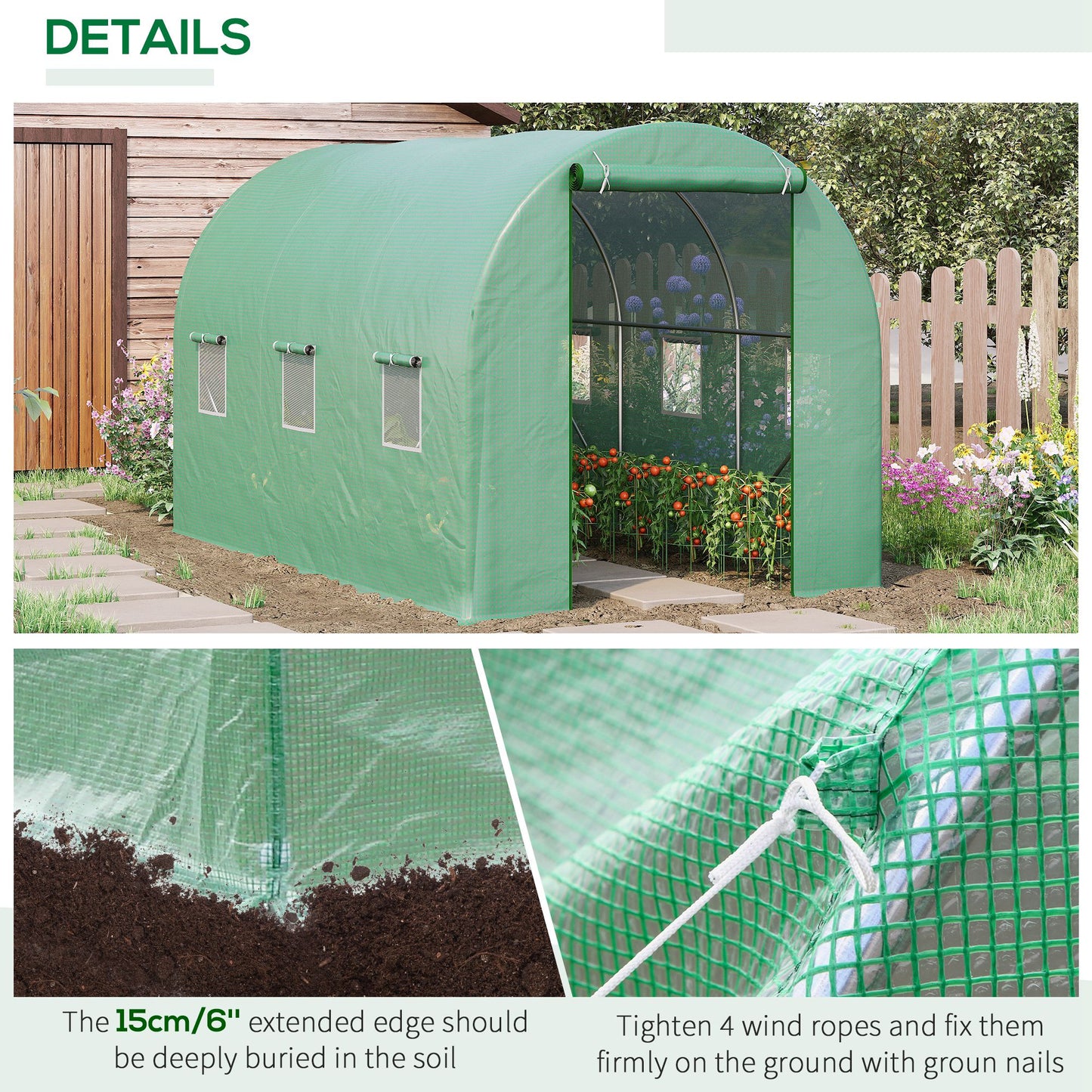 Outsunny 3.5 x 2 x 2 m Polytunnel Greenhouse, Walk in Pollytunnel Tent with Steel Frame, PE Cover, Roll Up Door and 6 Windows, Green