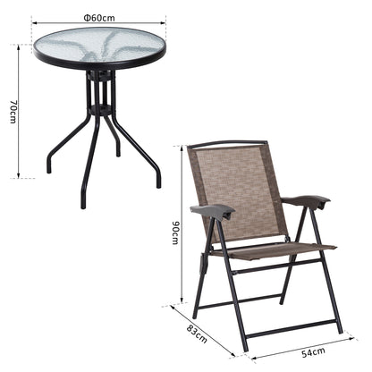 Outsunny 3 Piece Patio Furniture Garden Bistro Set Outdoor 2 Folding Chairs 1 Tempered Glass Table  Adjustable Backrest Metal - Brown
