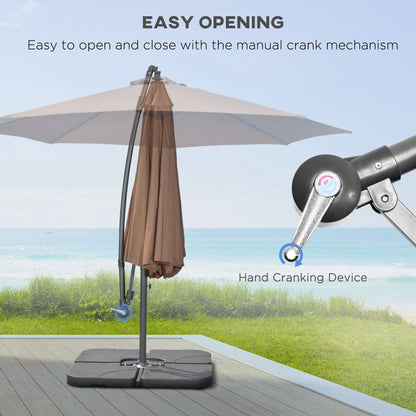 Outsunny 3(m) Garden Banana Parasol Cantilever Umbrella with Crank Handle, Cross Base, Weights and Cover for Outdoor, Hanging Sun Shade, Coffee