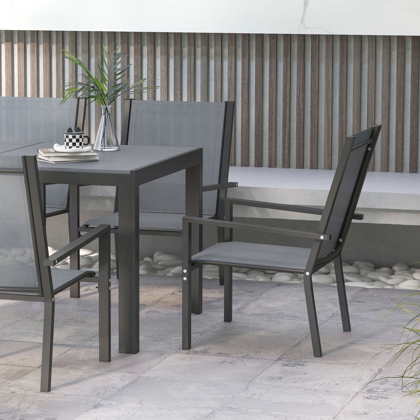 Outsunny 7 Pieces Garden Dining Set with Wood-plastic Composite Dining Table, and 6 Stackable Armchairs with Breathable Mesh Fabric