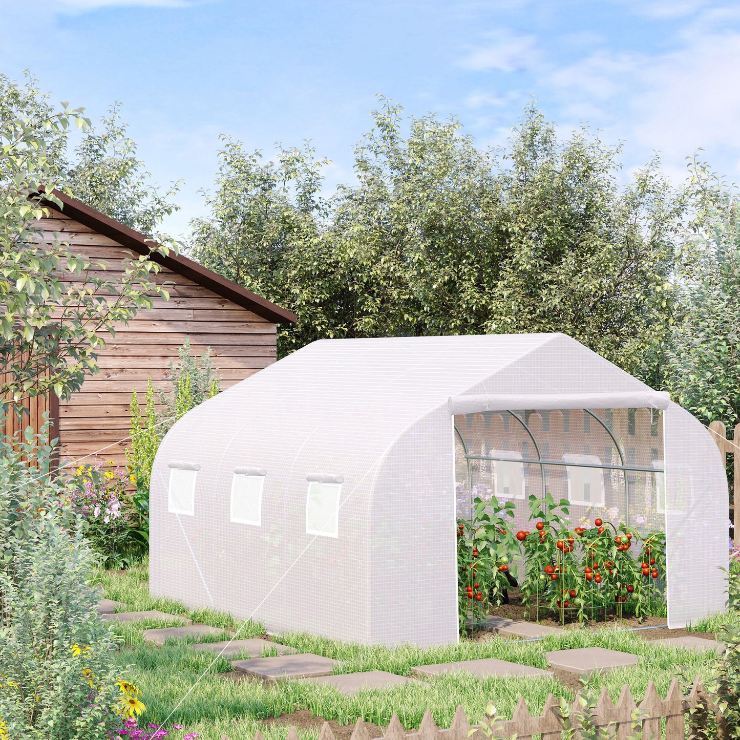 Outsunny 4.5 x 3 x 2m Walk-In Greenhouse Polytunnel Greenhouse Garden Hot House with Steel Frame, Roll Up Door and Windows, White