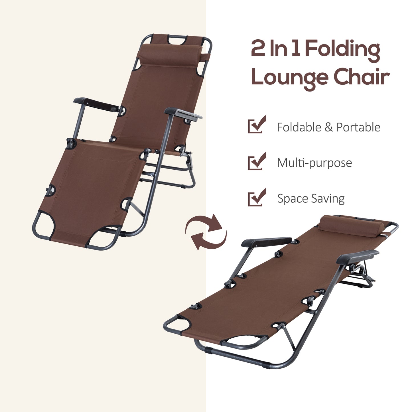 Outsunny 2 in 1 Sun Lounger Folding Reclining Chair Garden Outdoor Camping Adjustable Back with Pillow (Brown)