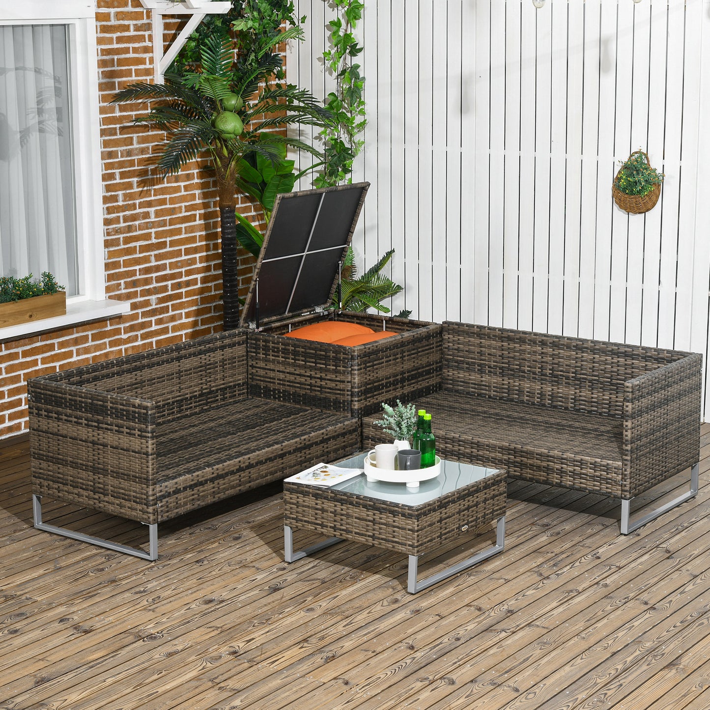 Outsunny 4 PCs Garden Rattan Wicker Outdoor Furniture Patio Corner Sofa Love Seat and Table Set with Cushions Side Desk Storage - Orange