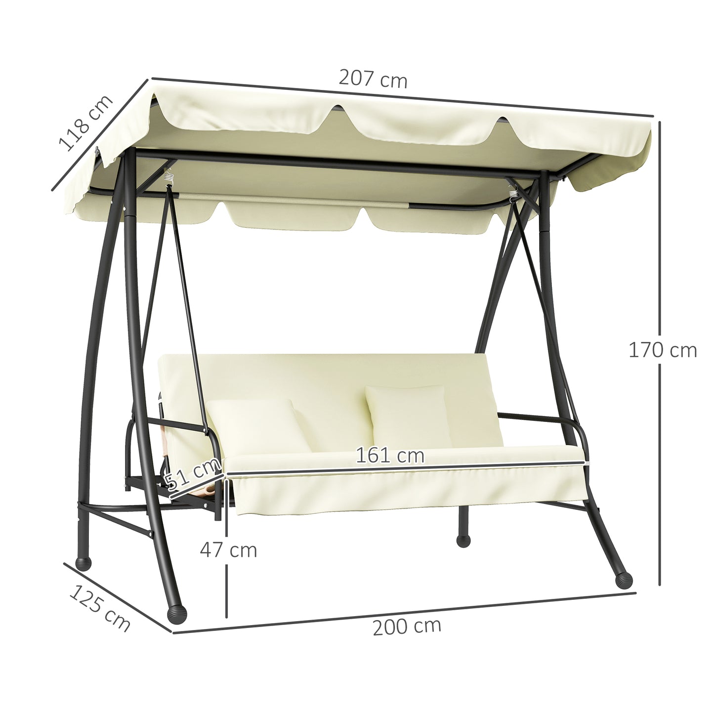 Outsunny 3 Seater Garden Swing Chair with Tilting Canopy - Cream White