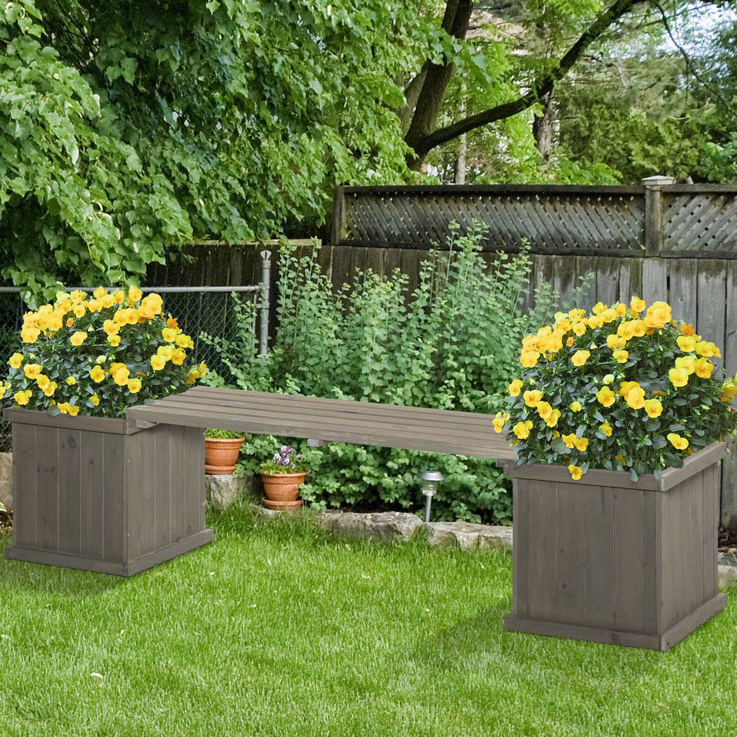 Outsunny Wooden Garden Planter & Bench Combination Garden Raised Bed Patio Park Grey 176 x 38 x 40 cm