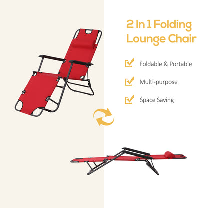 Outsunny Adjustable Garden Loungers with Pillow, Foldable Reclining Chairs, Outdoor, Armrests, Red, 2 Pieces