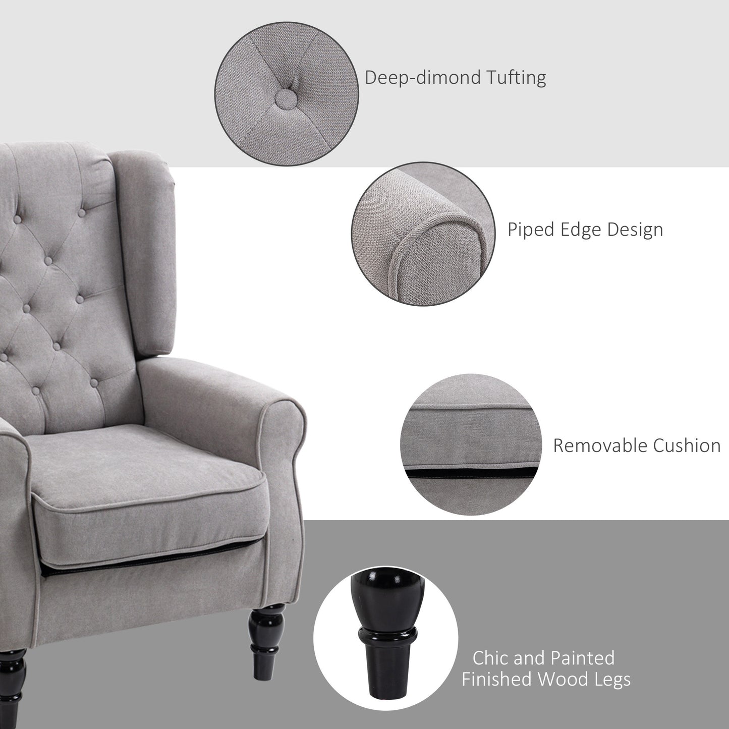 HOMCOM Wingback Armchair, Retro Accent Chair with Wooden Frame, Button Tufted, for Lounge or Bedroom, Grey