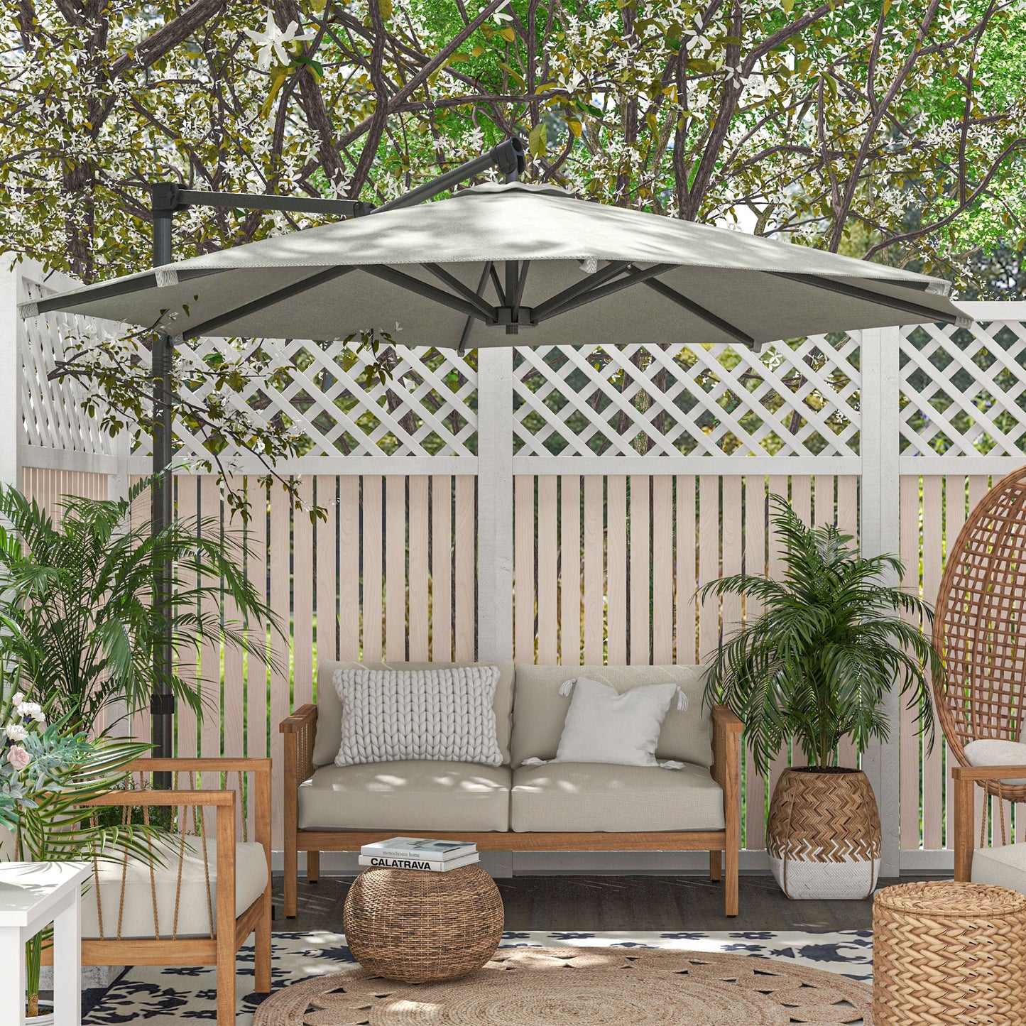 Outsunny Cantilever Banana Parasol: 360° Rotating Patio Shade, 3m, Crank Tilt, Beige Tone