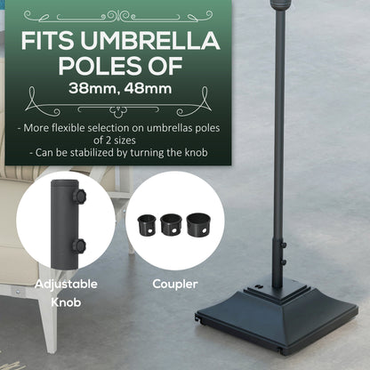 Outsunny 60kg Square Parasol Base with Wheels, 38mm, 48mm Heavy Duty Plastic Umbrella Stand, Fillable Parasol Stand for Outdoor Patio Umbrella, Black