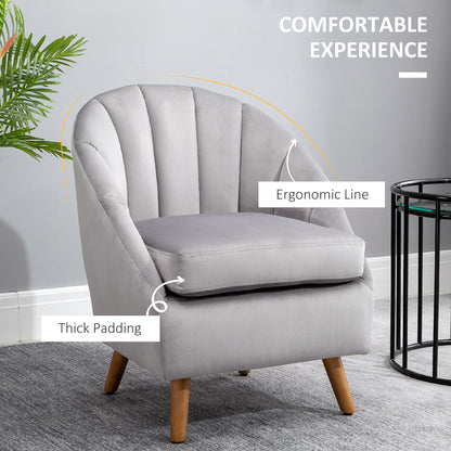 HOMCOM Accent Chair Velvet Fabric Single Sofa Armchair Home Living Room Solid Wood Leg Upholstered Side Armchair Grey