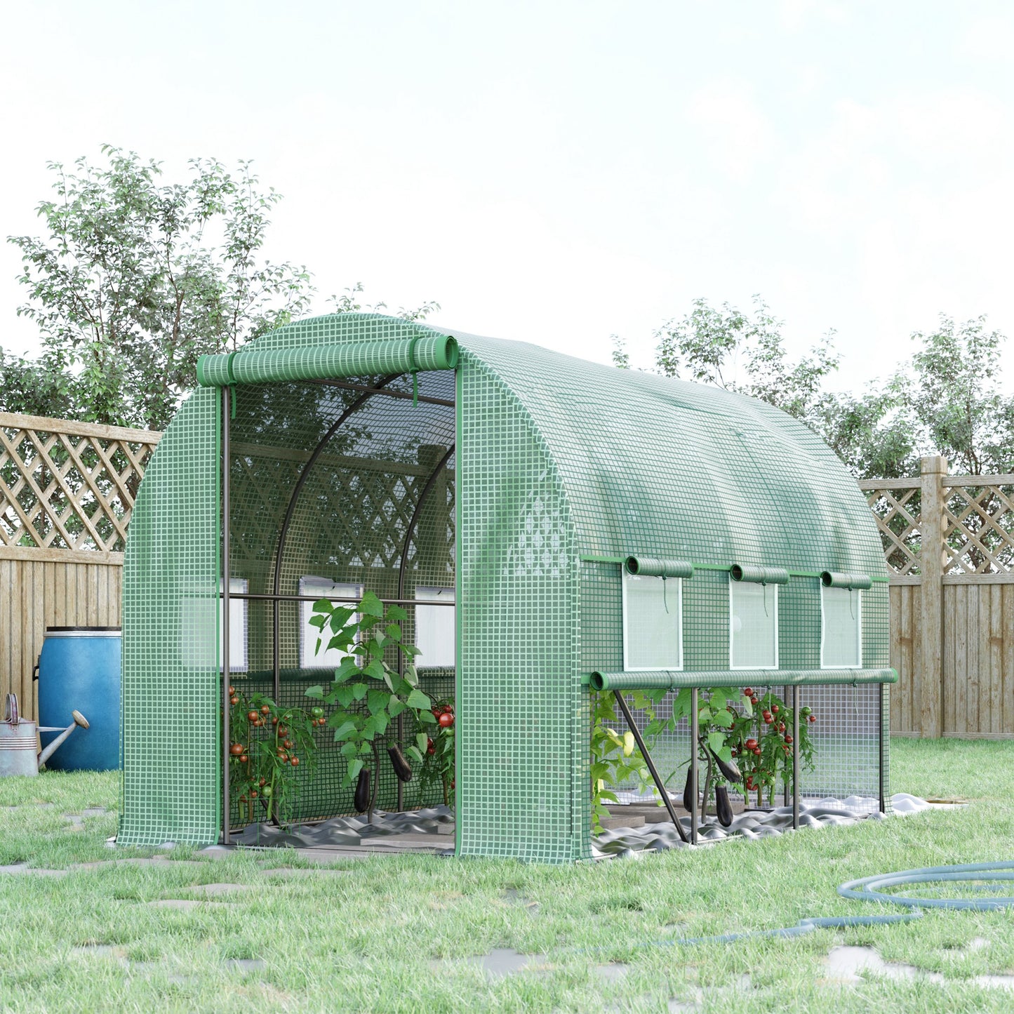 Outsunny Walk In Greenhouse, Garden Polytunnel with PE Cover, Zipped Roll Up Door and 6 Mesh Windows, 3x2x2m, Green