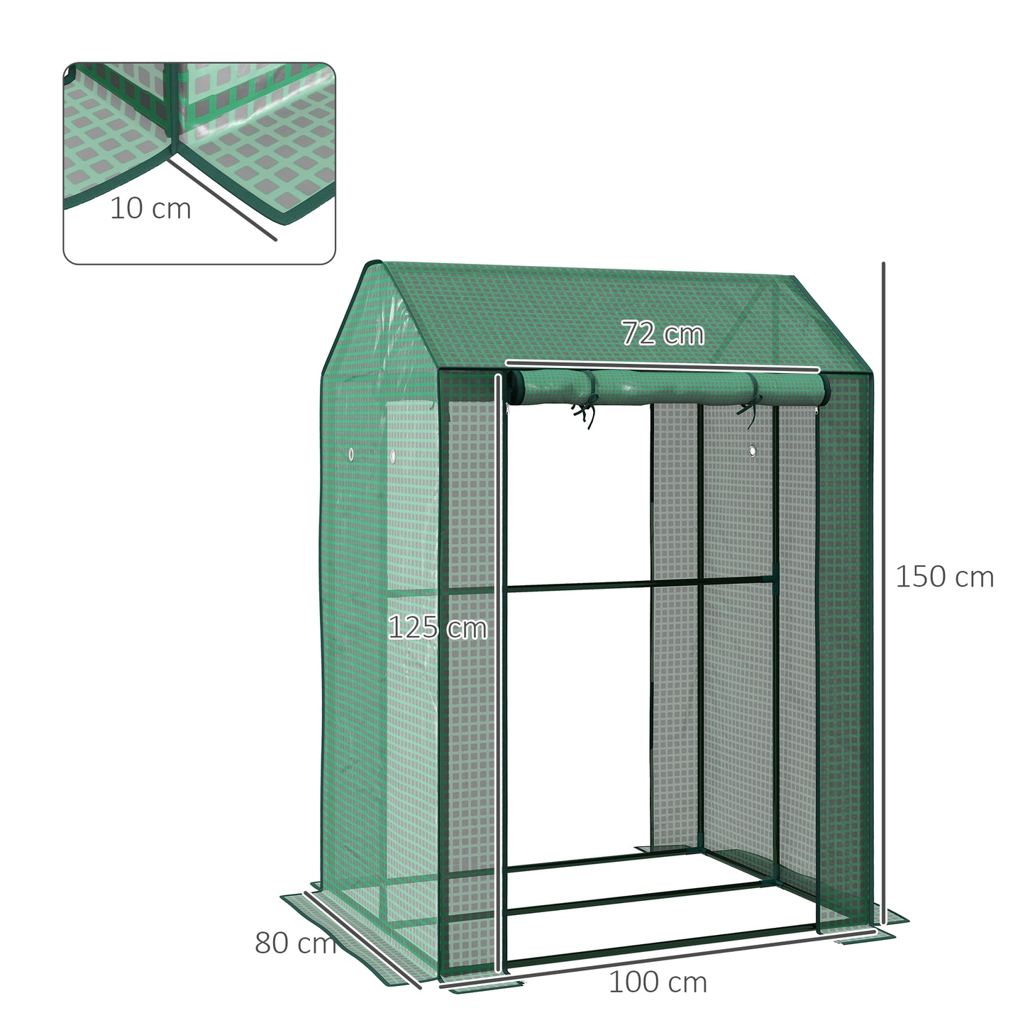Outsunny Petite Greenhouse: Roll-up Doors, Ventilation Holes, Reinforced Green Cover, 100 x 80 x 150cm