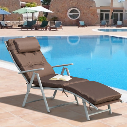 Outsunny Garden Sun Lounger, Foldable Reclining Chair with Pillow and Adjustable Back, Texteline Fabric, Brown