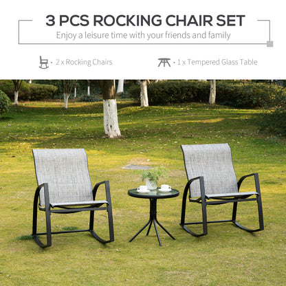 Outsunny Patio Bistro Set: 2 Rocking Chairs & Tempered Glass Table, Ideal for Garden & Poolside, Grey