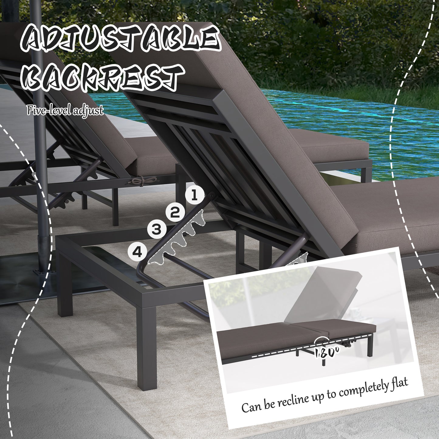 Outsunny 3 Pieces Garden Sun Loungers Set with Cushion, 5-level Adjustable Outdoor Recliner Bed Set w/ Glass Top Table, 2-In-1 Design