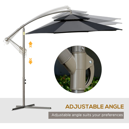 Outsunny Cantilever Parasol: 2.7m Banana Umbrella with Crank Handle, Double-Tier Canopy, Cross Base, Hanging Sun Shade, Black