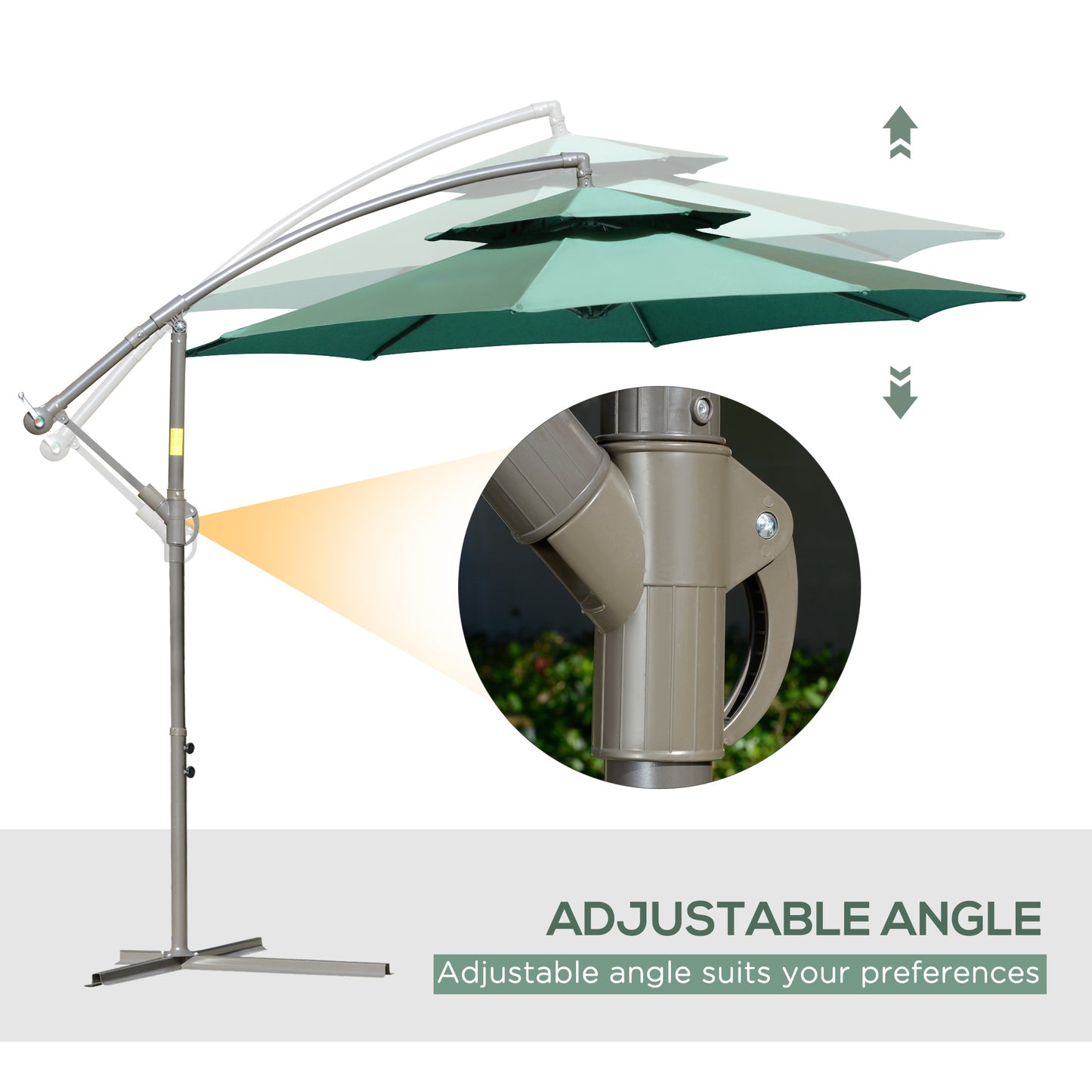 Outsunny 2.7m Cantilever Banana Parasol with Crank Handle, Double Tier Canopy & Cross Base, Outdoor Hanging Sun Shade, Green