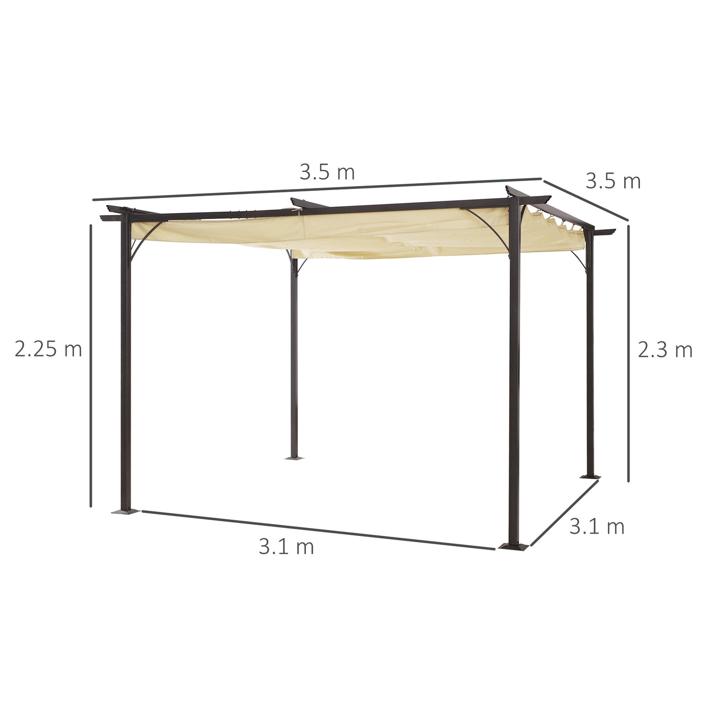 Outsunny 3.5M X 3.5M Metal Pergola Gazebo Awning Retractable Canopy Outdoor Garden Sun Shade Shelter Marquee Party BBQ, Beige