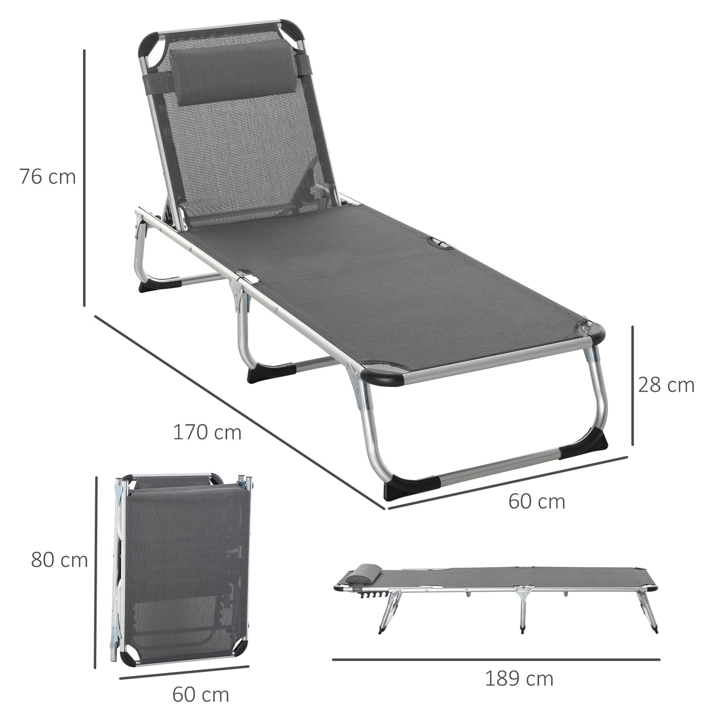 Outsunny Reclining Sun Lounger Set: Foldable with Pillow, Aluminium Frame, Camping Cot, Slate Grey