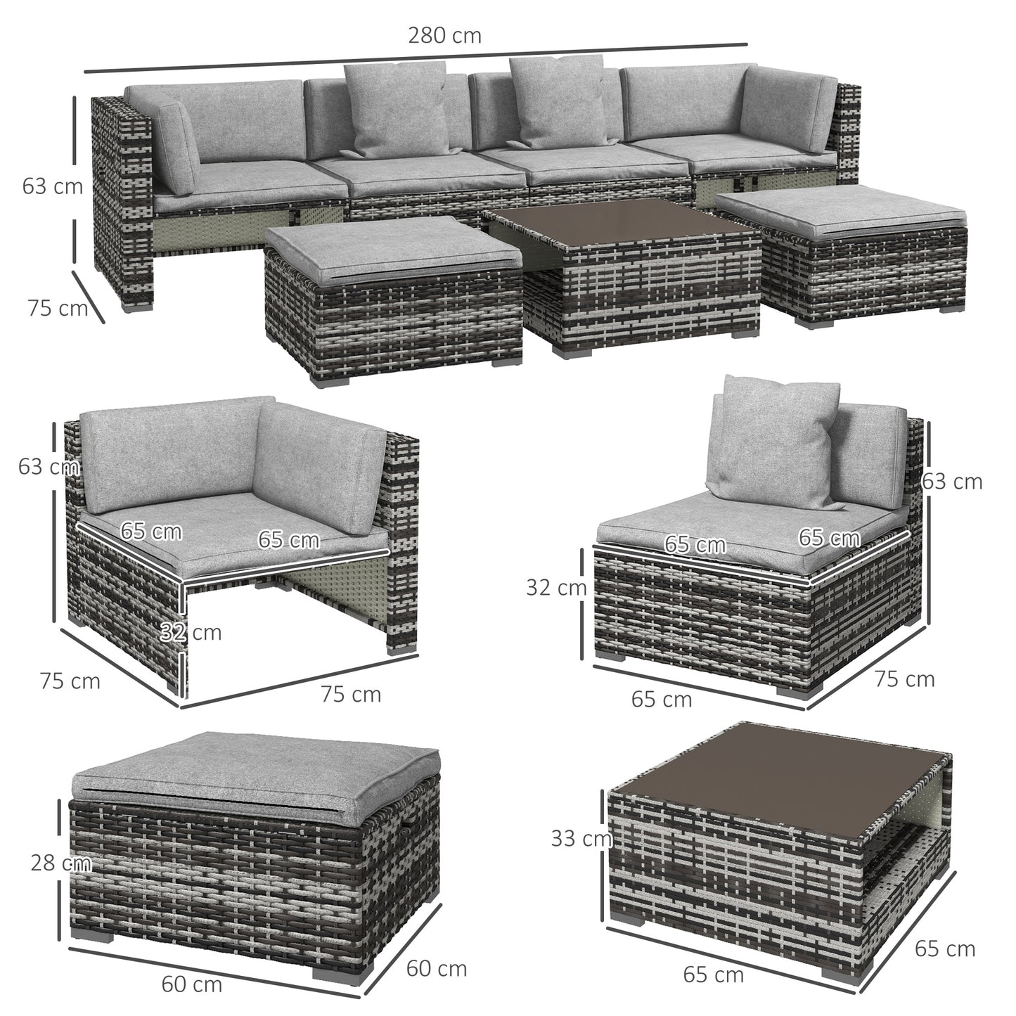 Outsunny 7-Piece Rattan Patio Furniture Set with Sofa, Footstools, Coffee Table, Side Shelves, Cushions, Pillows, Mixed Grey