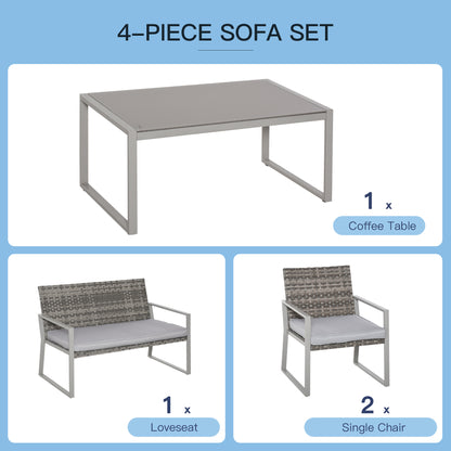 Outsunny Rattan Garden Furniture Set, 4-Seater, 2 Single Sofa Armchairs, 1 Bench, Cushions, Coffee Table, Wicker Weave, Patio Backyard