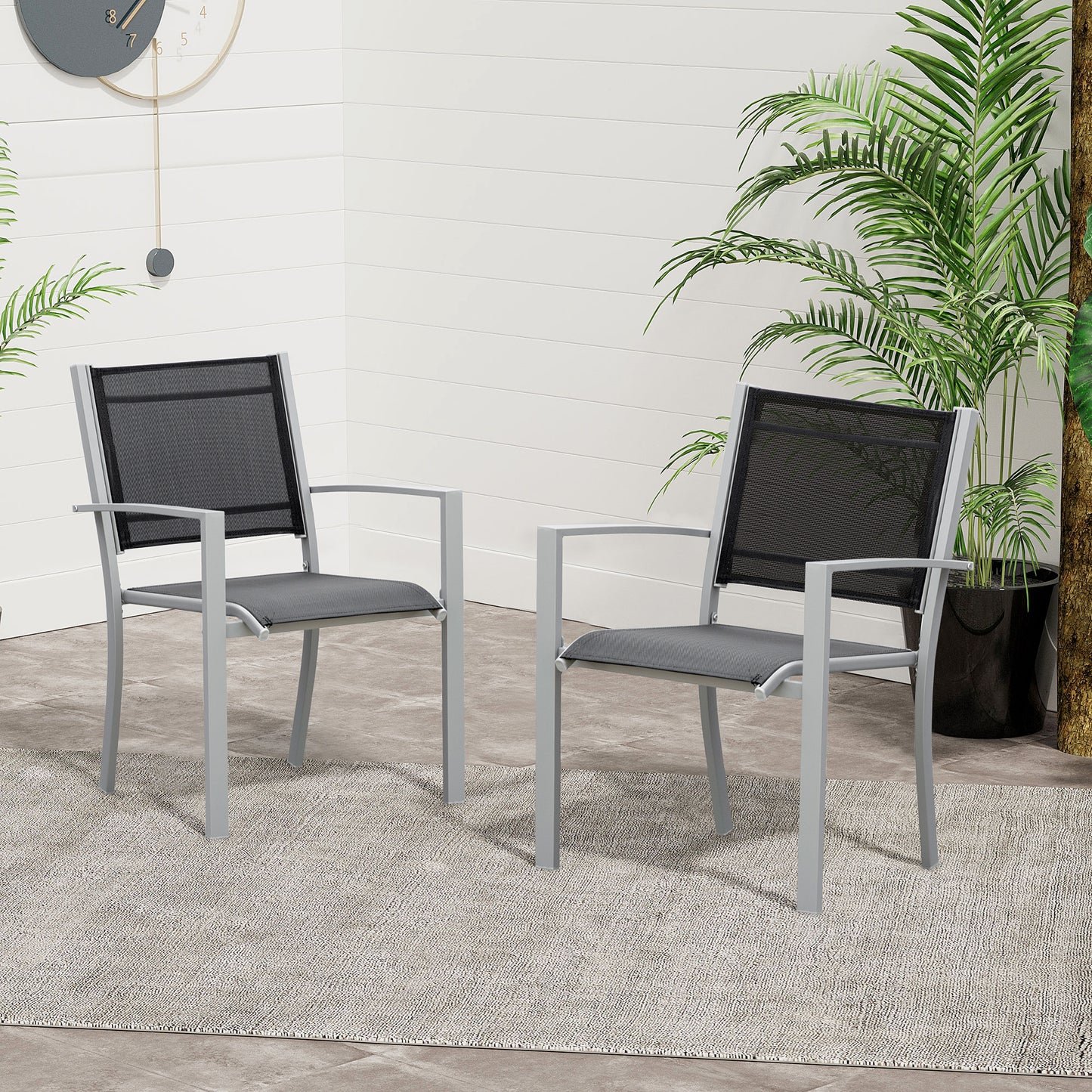 Outsunny Outdoor Chairs, Set of 2, Square Steel Frame, Texteline Seats, Foot Caps, Mesh, Boxy, Comfortable, Easy Clean, Black/Grey