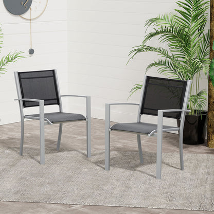 Outsunny Outdoor Chairs, Set of 2, Square Steel Frame, Texteline Seats, Foot Caps, Mesh, Boxy, Comfortable, Easy Clean, Black/Grey