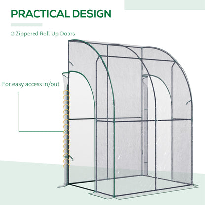 Outsunny Walk-In Greenhouse Lean to Wall Tunnel Greenhouse with Zippered Roll Up Door PVC Cover Sloping Top, 143 x 118 x 212 cm