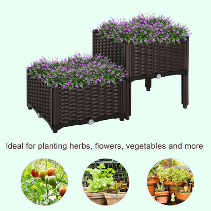 Outsunny Set of 2 Garden Raised Bed Elevated Patio Flower Plant Planter Box PP Vegetables Planting Container, Brown