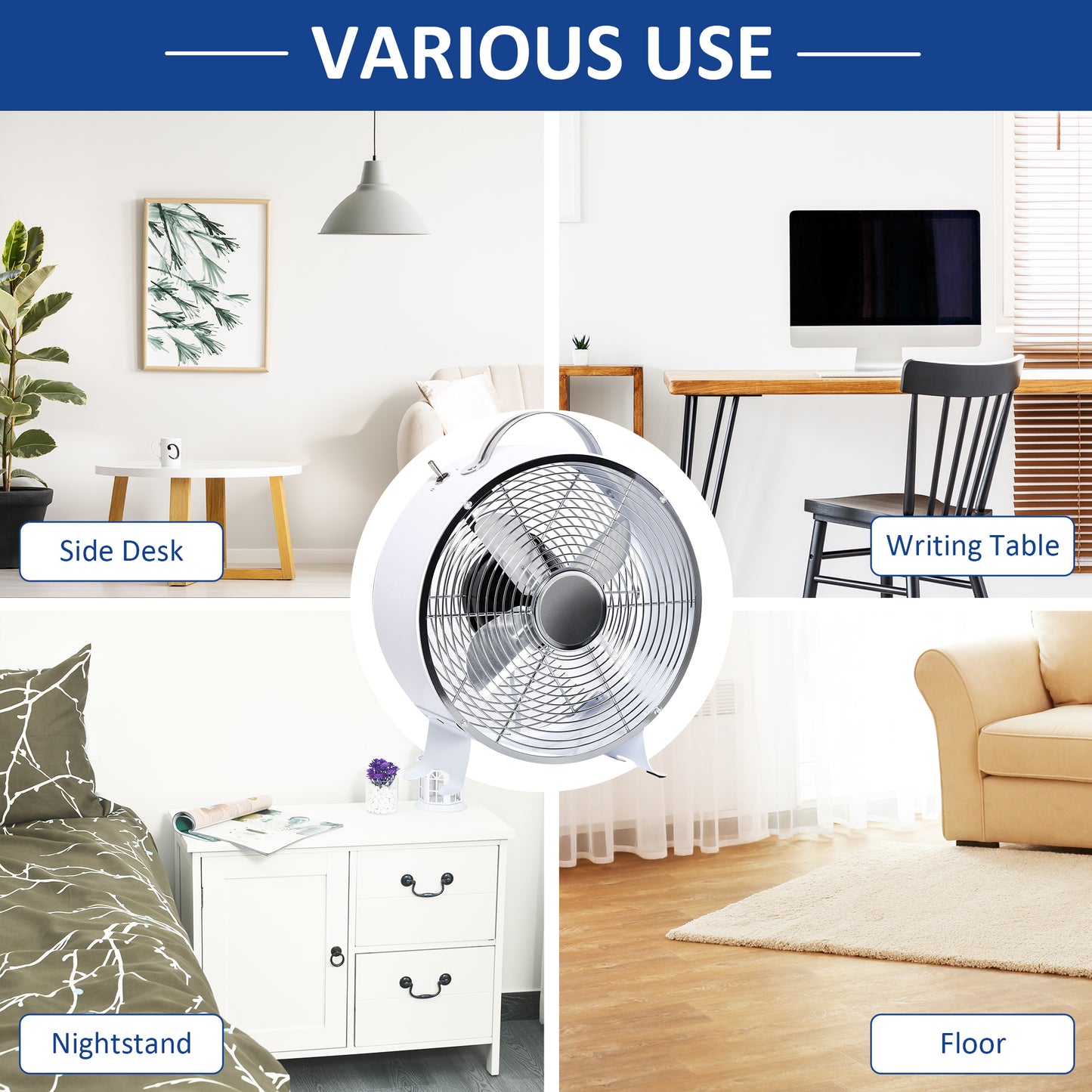 HOMCOM 26cm Electric Desk Fan, 2-Speed, Safety Guard, Anti-Slip, Portable Personal Cooling Fan for Home Office Bedroom, White