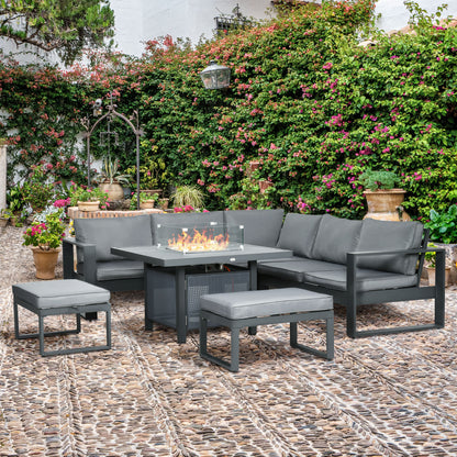 Outsunny 6-Piece Aluminium Garden Furniture Set, Outdoor Corner Sofa, Loveseat, Footstool, Sectional with Gas Fire Pit Table, Grey