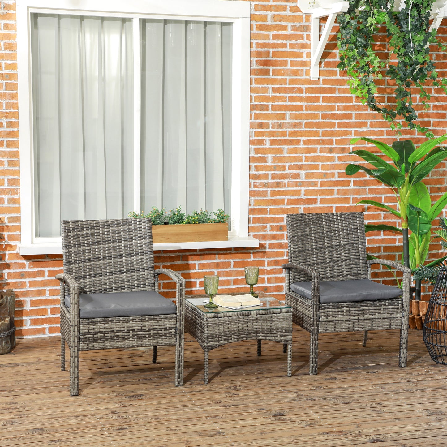 Outsunny 3 Pieces Outdoor Rattan Bistro Set, Patio Wicker Balcony Furniture, Conservatory Sets w/ Coffee Table and Cushioned Chair, Mixed Grey